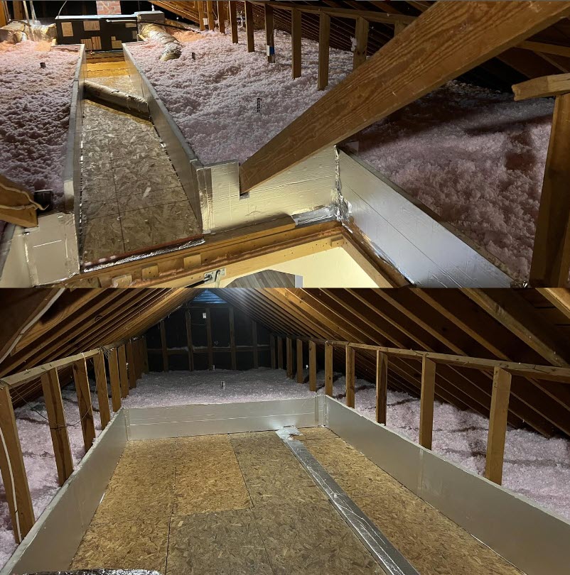 attic insulation retaining wall before and after photo showing loose fill insulation properly installed in attic