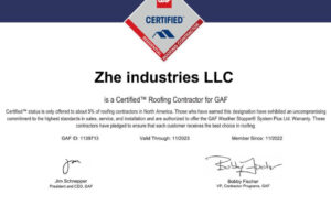 gaf certificate for zhe industries