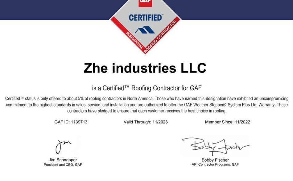 GAF Certificate for ZHE Industries