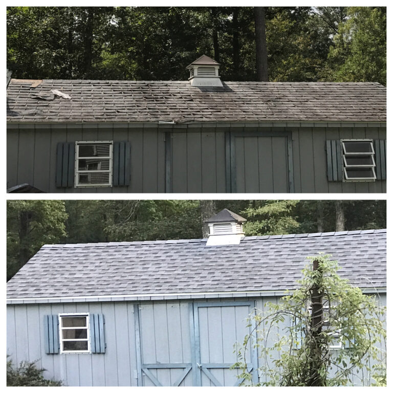 before and after roof repair images, showing roof damage