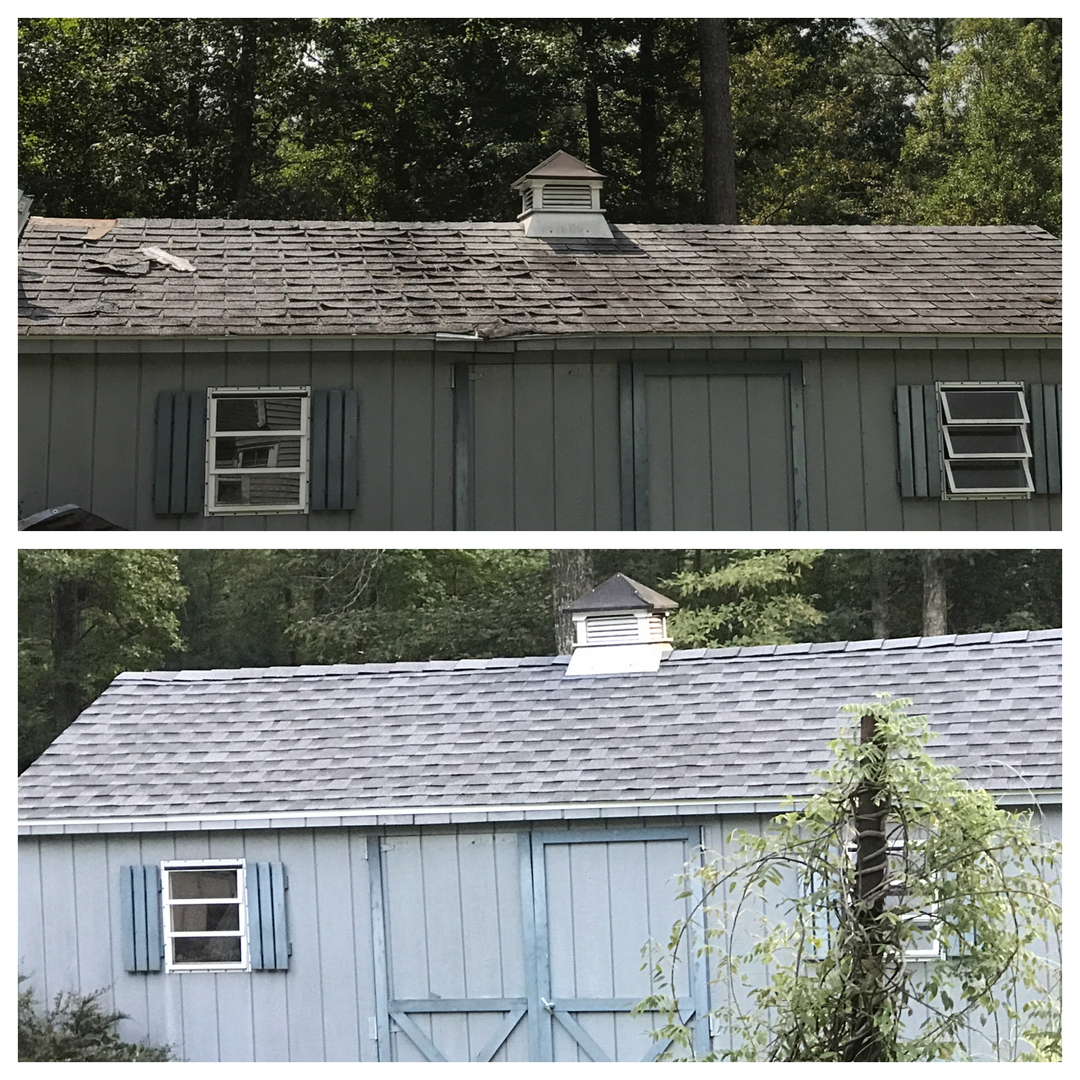 Before and After Roof Repair Images, showing roof damage