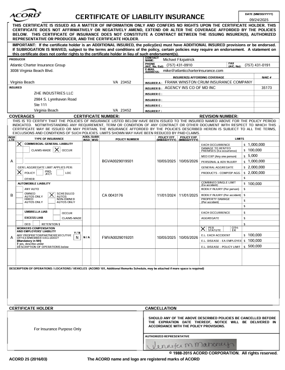 proof of insurance for zhe industries