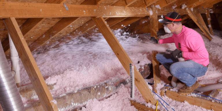 worker in a pink shirt wearing a mask and safety goggles crouches in an attic, blowing pink insulation between wooden beams with a hose attachment.