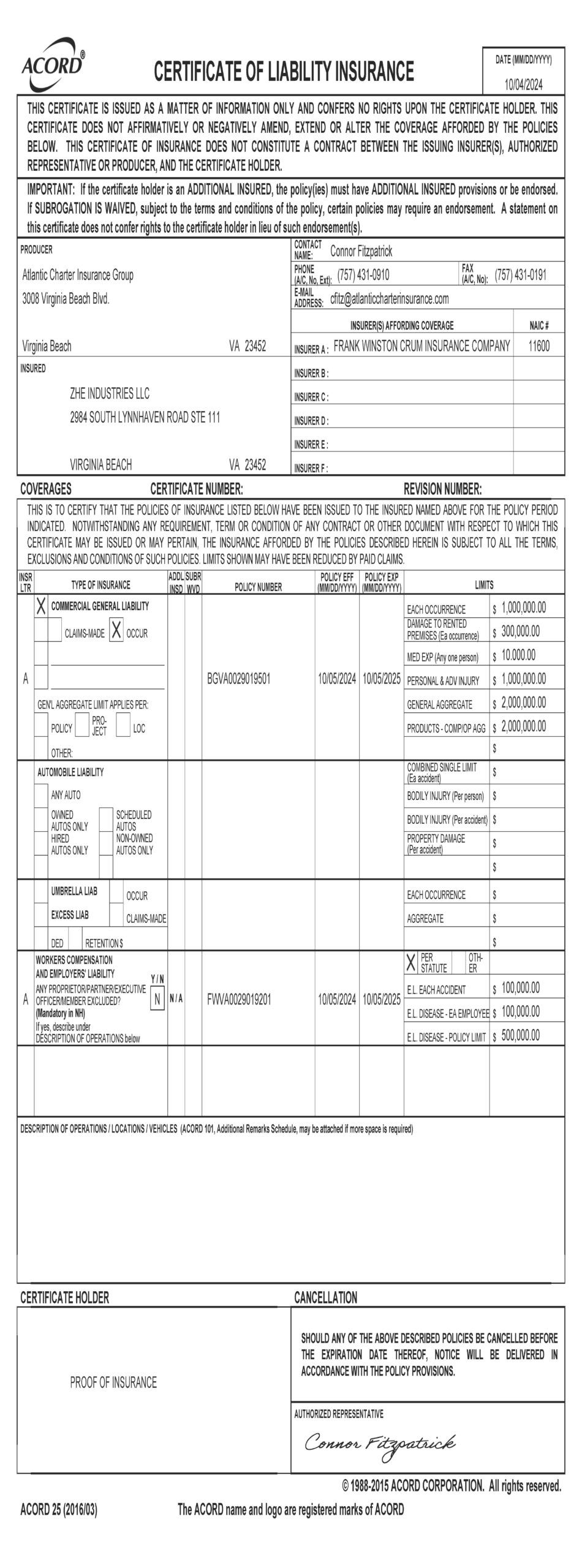 zhe industries proof of insurance
