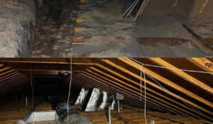 attic space with exposed wooden rafters, hanging wires, and a large round hvac duct running along the joists.