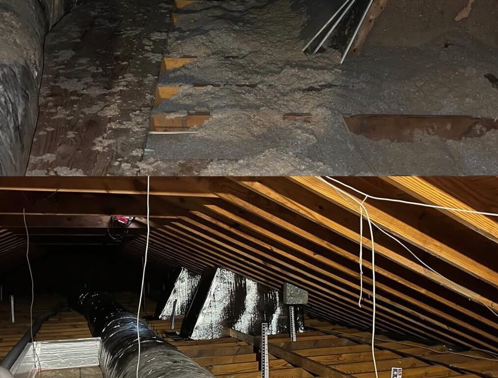 Attic space with exposed wooden rafters, hanging wires, and a large round HVAC duct running along the joists.