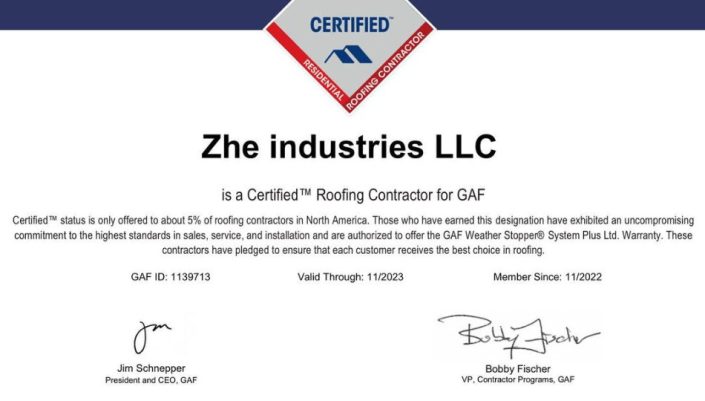 GAF Certificate for ZHE Industries