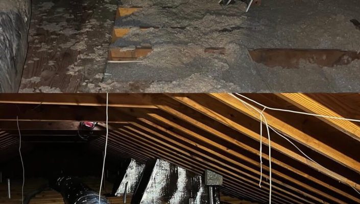 Attic space with exposed wooden rafters, hanging wires, and a large round HVAC duct running along the joists.