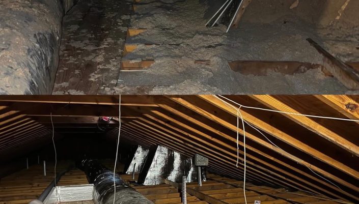 Attic space with exposed wooden rafters, hanging wires, and a large round HVAC duct running along the joists.
